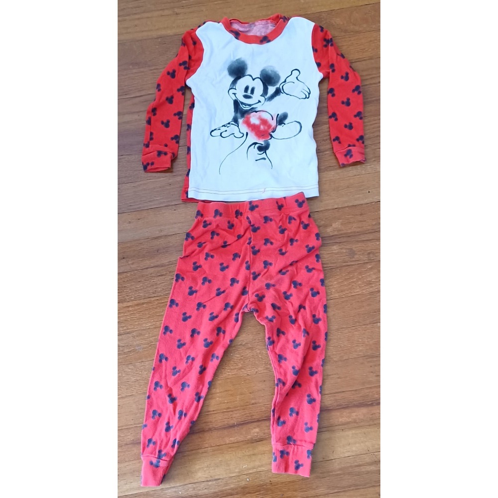 Disney Pajama Set Girls 4T Red Mickey Mouse Long Sleeve Snug Fit PJs Cartoon